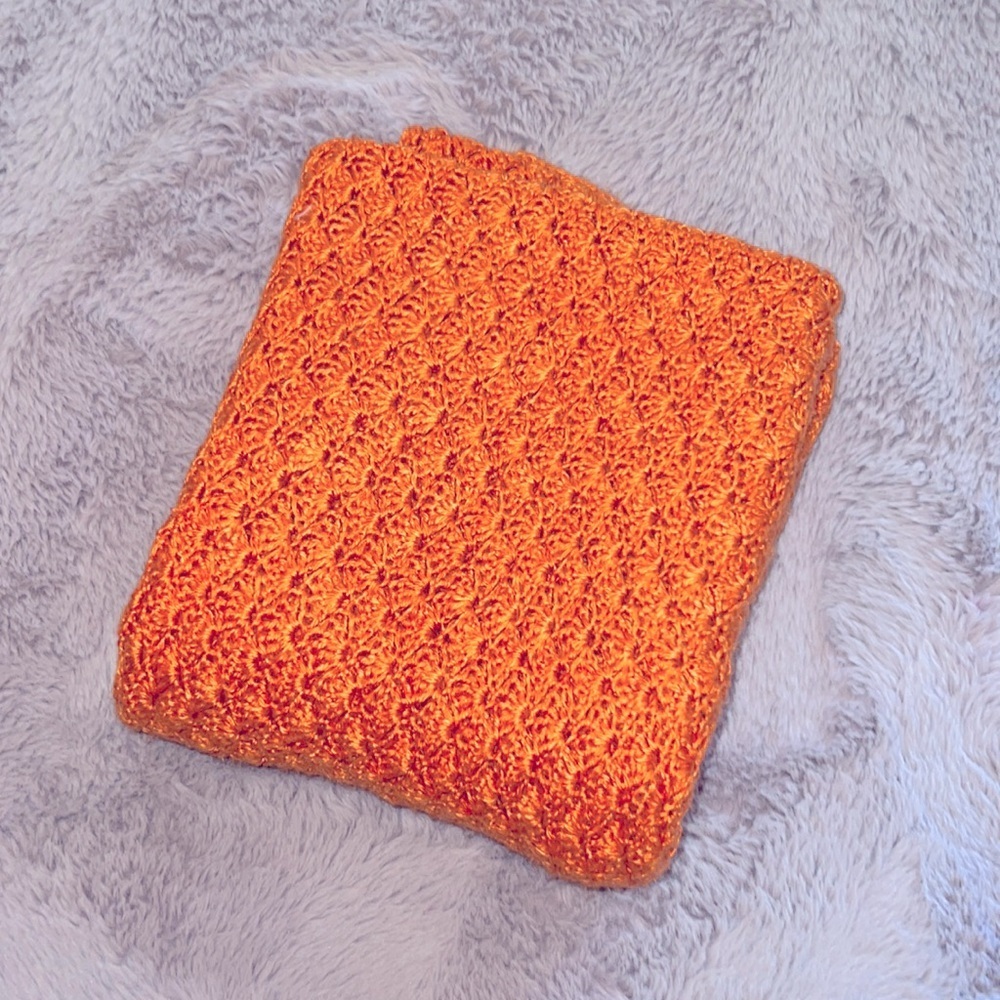 Homemade knit 🧶 blanket orange baby blanket for child or couch bed throw decor‌